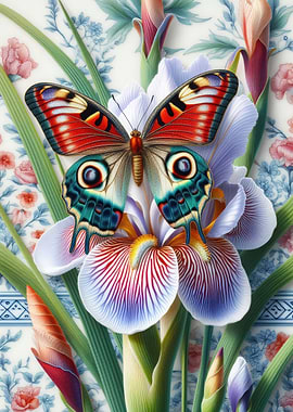 Butterfly on Iris Flower