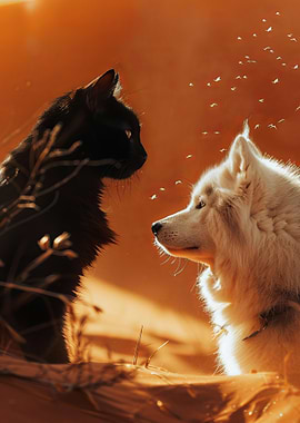 Black Cat and Samoyed Dog In The Desert