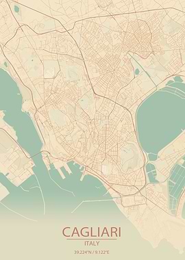 Cagliari Italy Vintage Style City Map
