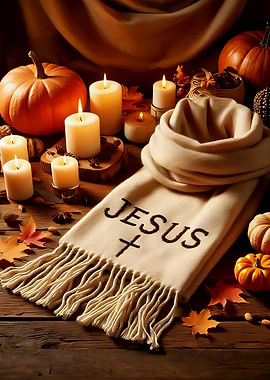 Halloween Pumpkin Jesus Scarf with Fall Decor