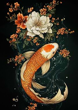 Koi Fish with Flowers