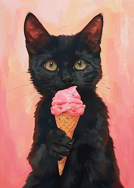 Cute Cat Black Cat Eating Ice Cream