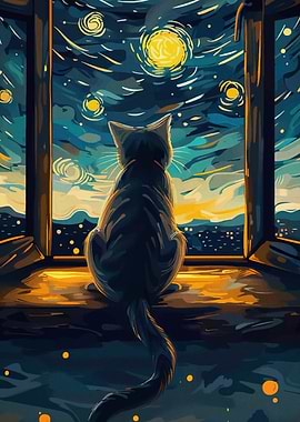 Cat Gazing at Starry Night