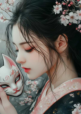 Asian Girl with Kitsune Mask & Cherry Blossoms