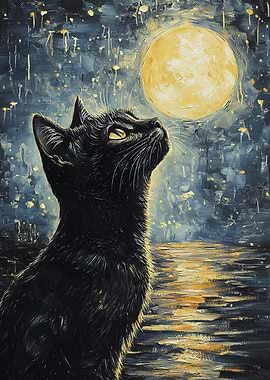 Black Cat Gazing at Moon