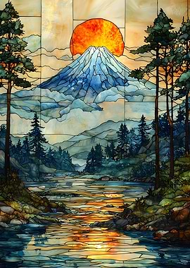 Stained Glass Mount Fuji Japan
