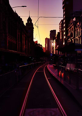 Cityscape Sunset Tram Tracks