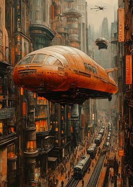 Futuristic Cityscape with Flying Vehicles