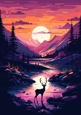 Sunset Deer in Mountains
