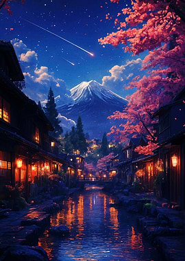 Japanese Night Scene Fuji