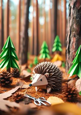 Origami Hedgehog in Forest
