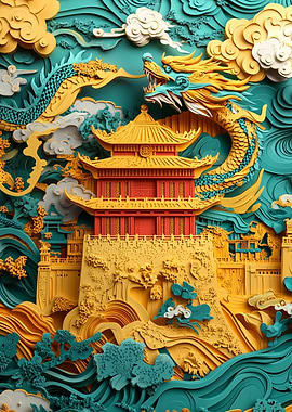 3D High Resolution Paper Dragon Palace Art