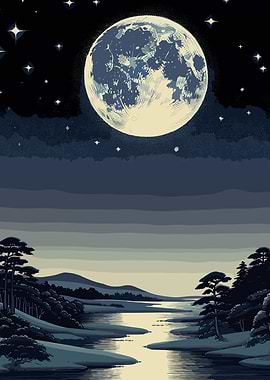 Ukiyo-E Full Moon Night Landscape