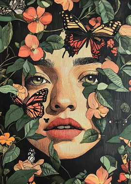 Woman in Bloom, Flowers and butterfly woman face, woman face in botanical flowers