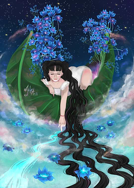 Dreamy Girl with Blue Flowers Lost in the Sea of the Sky