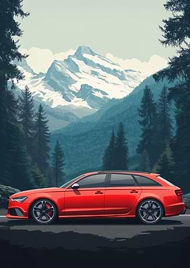 Red Audi in Mountain Landscape