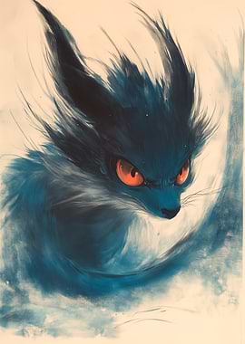 Blue Kitsune Fox with Fiery Eyes