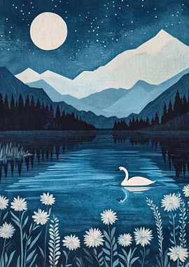 Moonlit Lake with Swan, lightning stars full moon, snowy abstract mountains and lakeside bloom white flowers