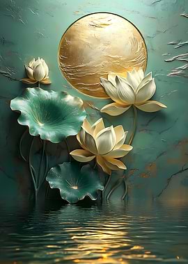 Lotus Flower Japanese Moon Wall Art