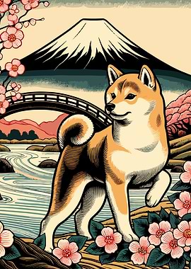 Shiba Inu with Mount Fuji