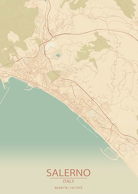 Salerno Italy Vintage Style City Map