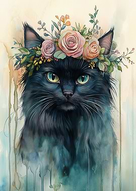 Black Cat with Floral Crown