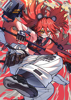 Fiery Anime Girl with Weapon