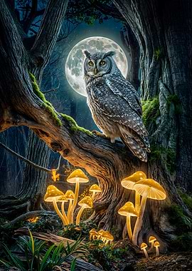 Owl in Moonlight Forest