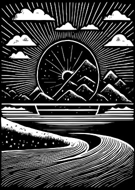 Cosmic Mountain Sunrise: Black and White Celestial Landscape Art