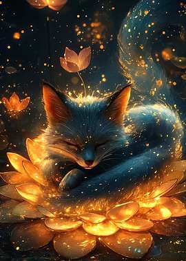 Sleeping Fox in Golden Lotus