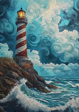 Lighthouse on a Stormy Sea Painting sky