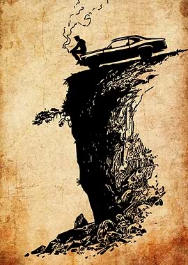 Silhouette of Man and Car on Cliff