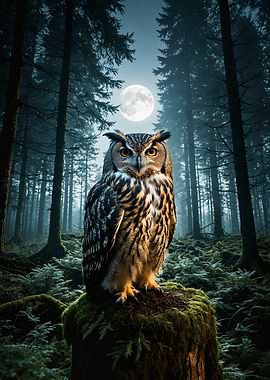 Owl in Moonlight Forest