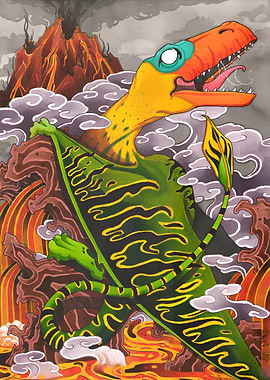 Dinosaure Volant sur un Volcan