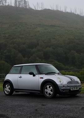 Silver Mini Cooper in Foggy Forest