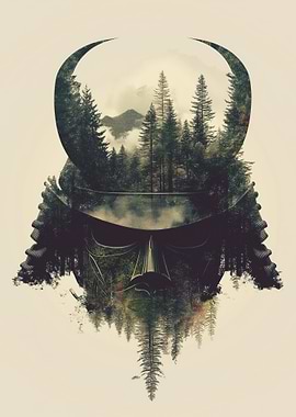 Samurai Helmet Forest Double Exposure