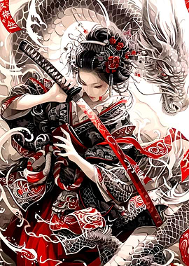 Geisha with Dragon and Katana