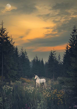 Unicorn in Magical Forest Wildflowers Meadow Art Print, Whimsical Decor, Charming and Cute Wall Art for Fall Season Dark Academia