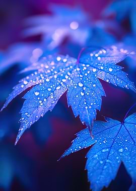 Blue Maple Tree Leaves with Dew Drops