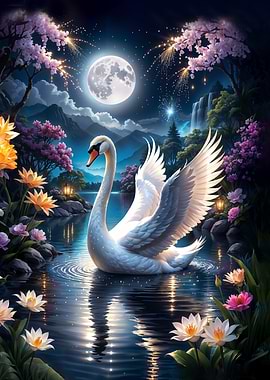 Swan in magic Lake Under Full Moon