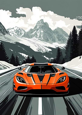 Orange Supercar in Mountains