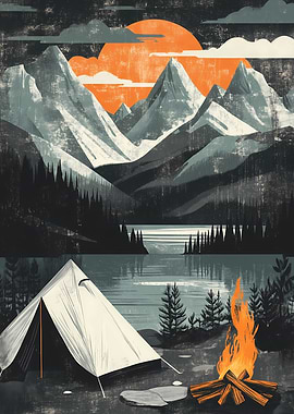 Campsite Sunset Mountain Campfire Art