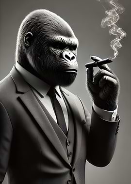 Gorilla in Suit Smoking Cigar