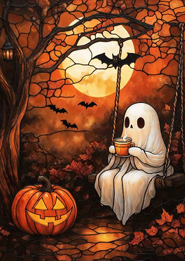 Stained Glass Ghost and Coffee Under the Moon