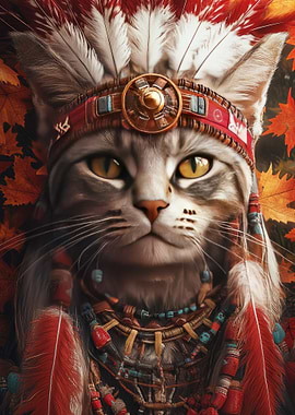 Cat In Native American Headdress