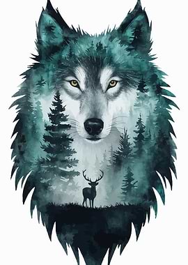 Wolf and Forest Watercolor