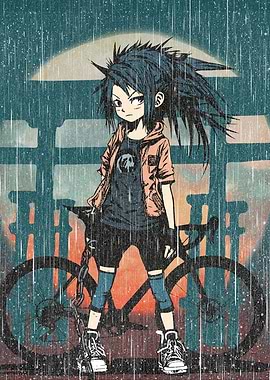 Anime Girl with Bicycle in Rain