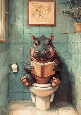 Hippopotamus Reading on Toilet