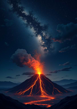Volcano Eruption Under Milky Way