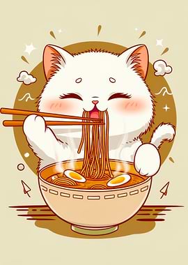Cute Cat Eating Ramen